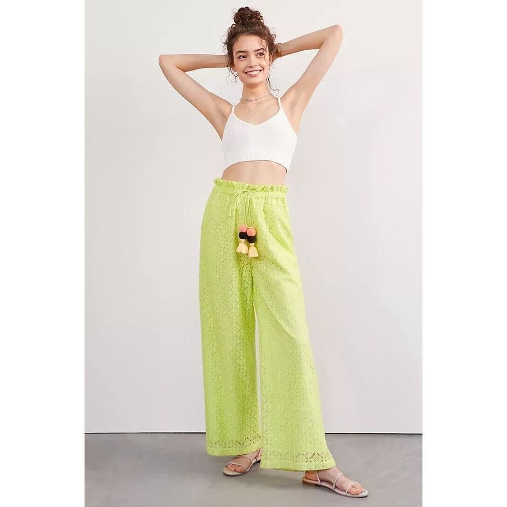 Anthropologie Ollari Lacy Wide-Leg Lace Pants size L Chartreuse/Lime